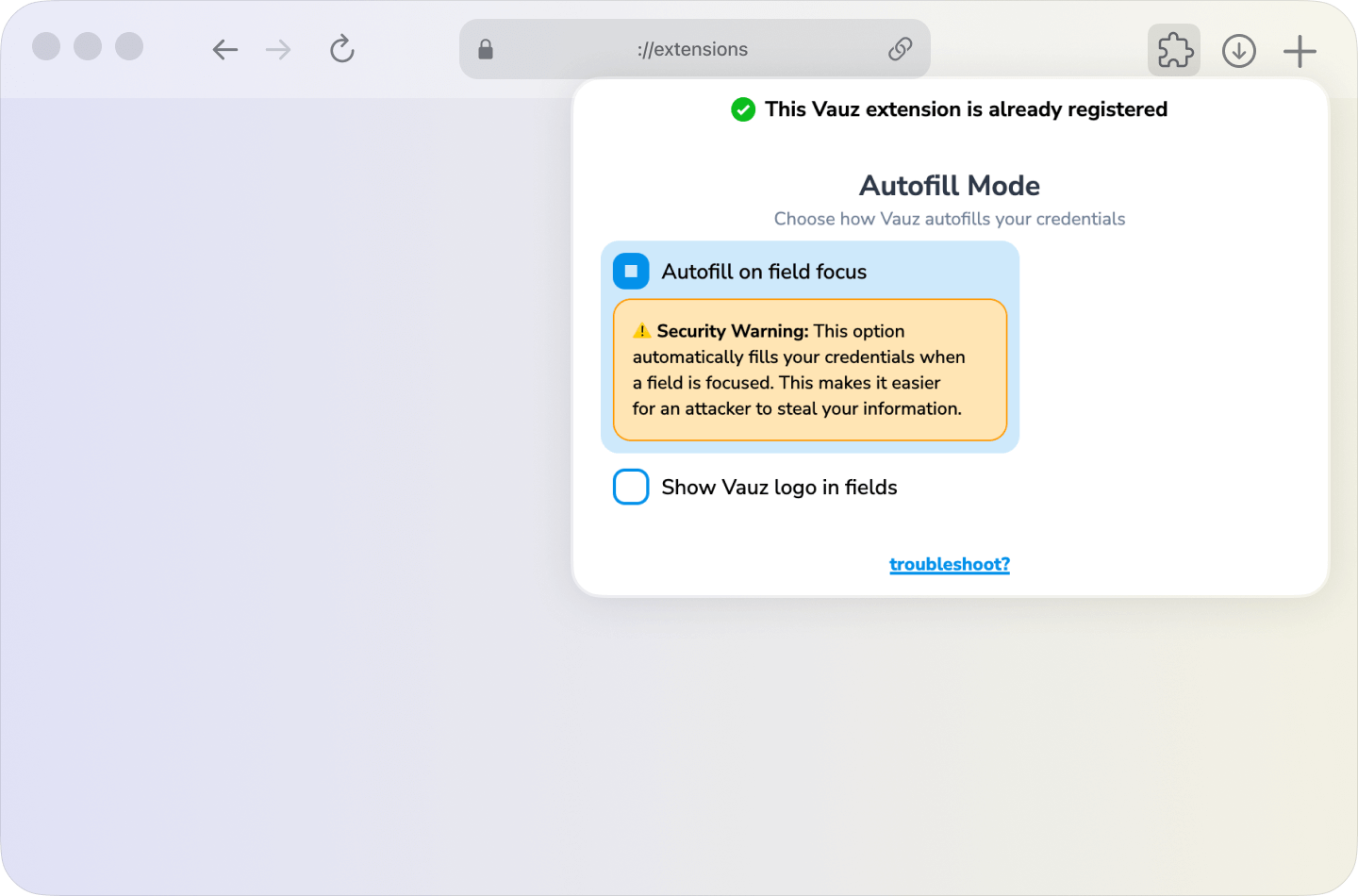 Autofill on field focus setting in Vauz Autofill extension popup