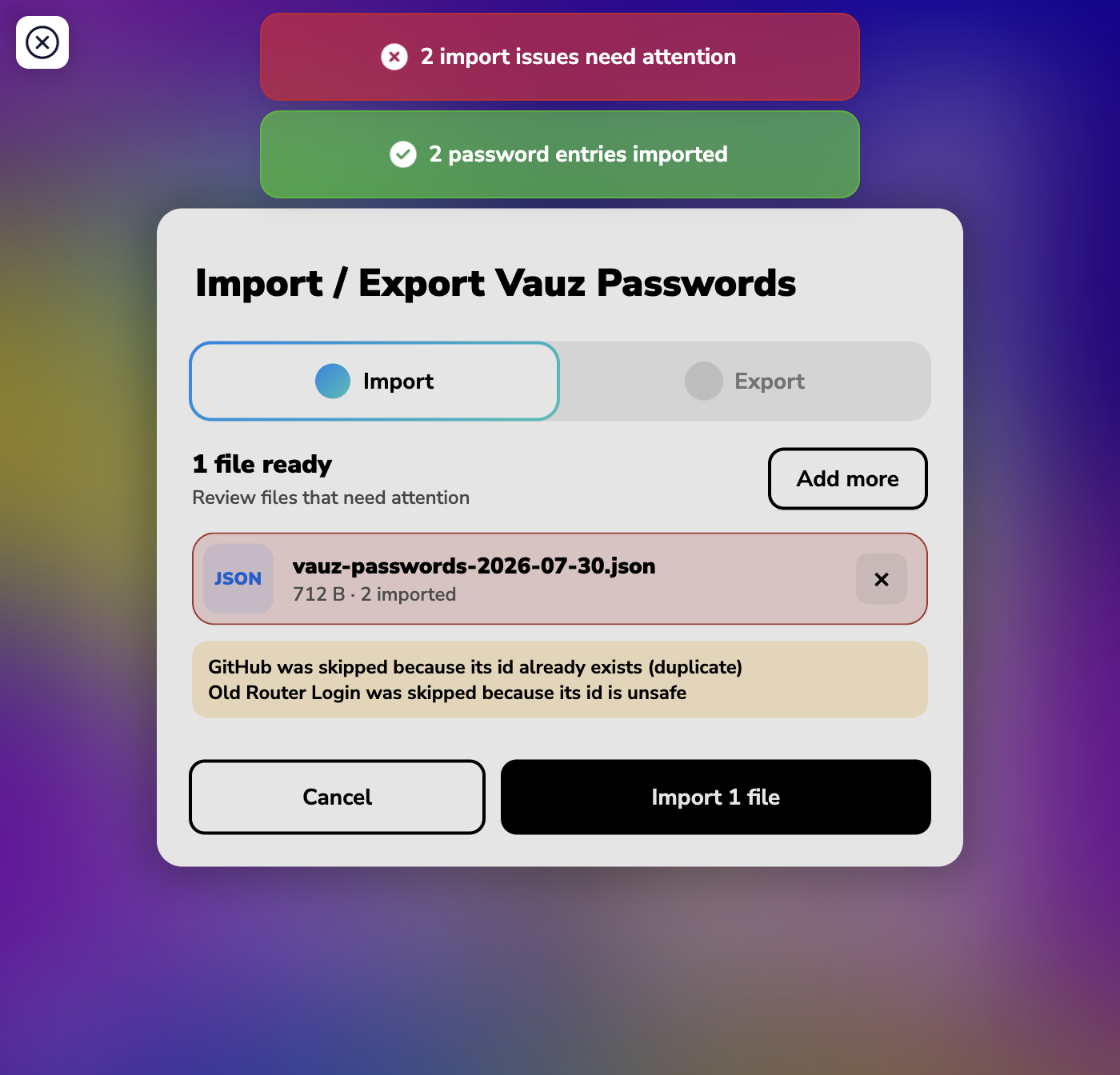 Import results showing two imported entries and two skipped, each with its reason