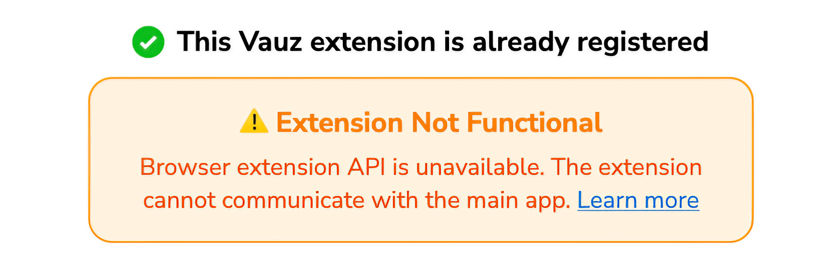 "Extension Not Functional" warning example