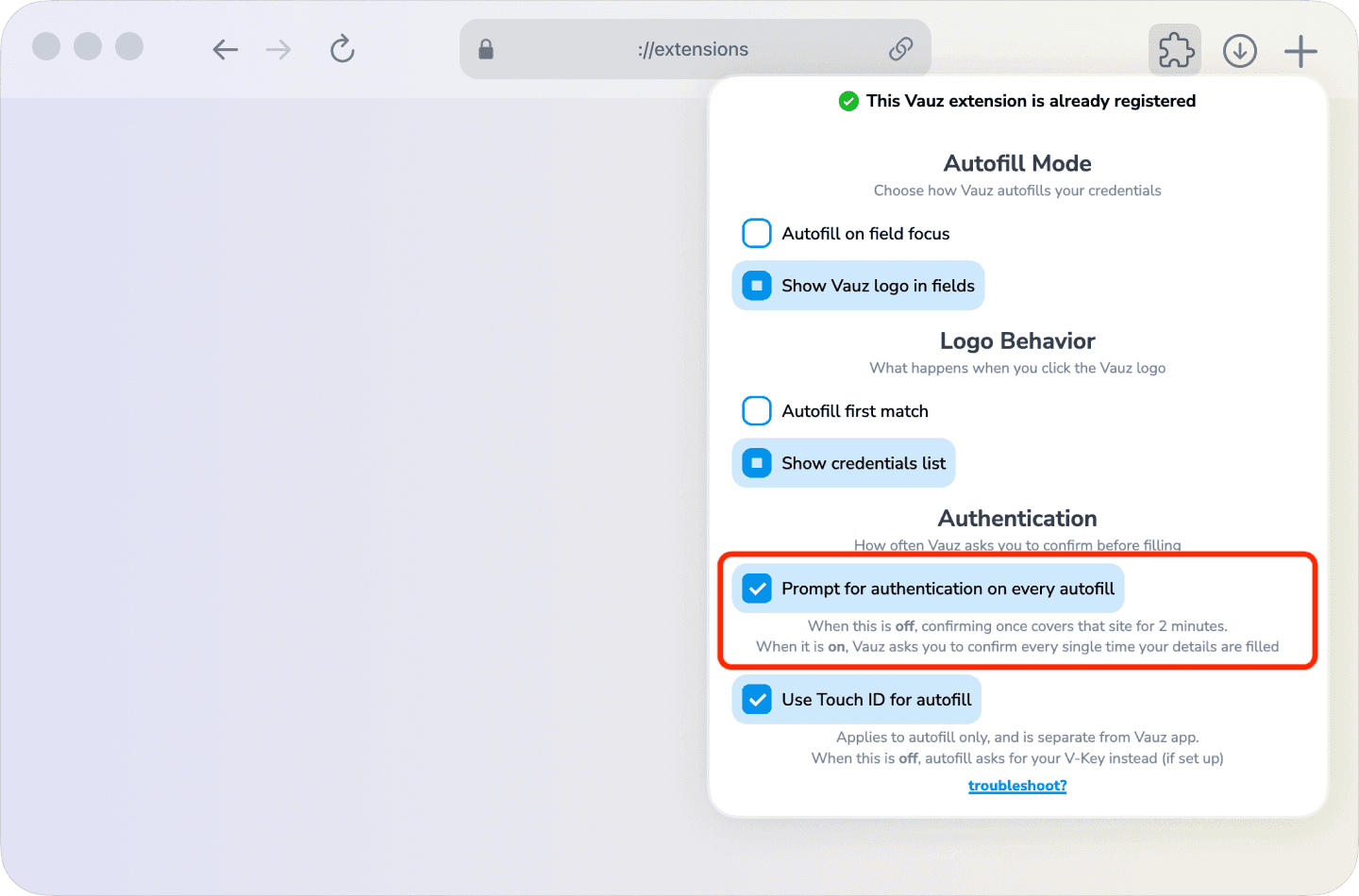 Vauz Autofill extension settings highlighting "Prompt for authentication on every autofill" setting