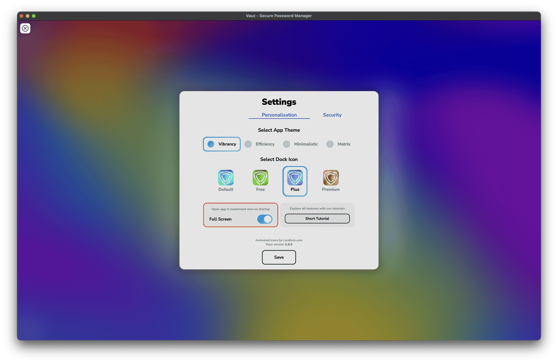 The Personalisation tab in Vauz settings, with the Full Screen checkbox ticked