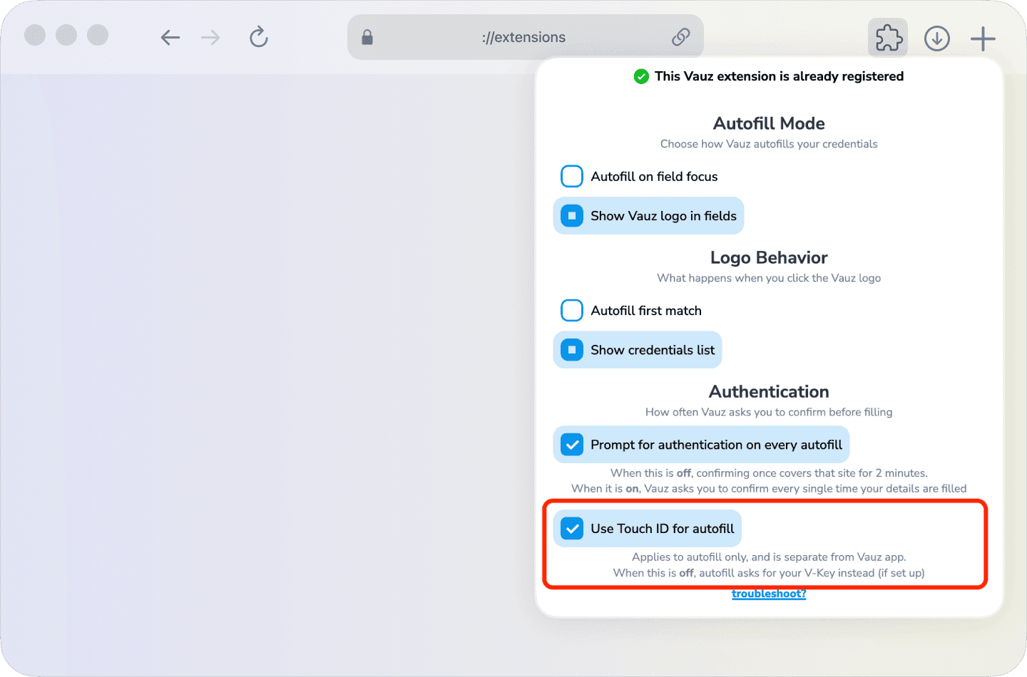 Vauz Autofill extension settings highlighting "Use TouchID for autofill" setting
