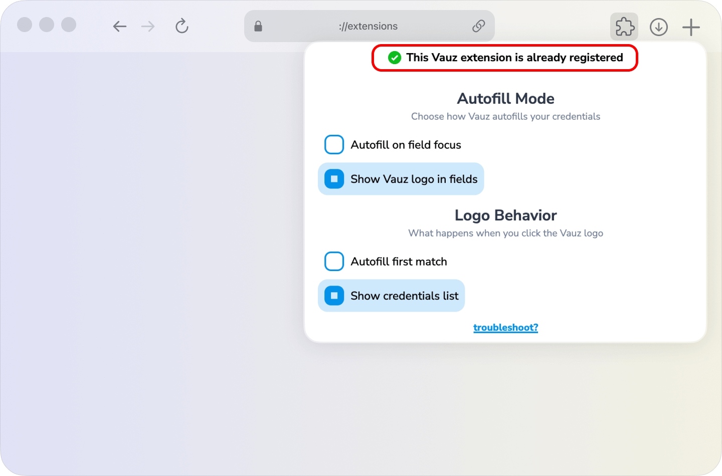 Extension popup showing registered status