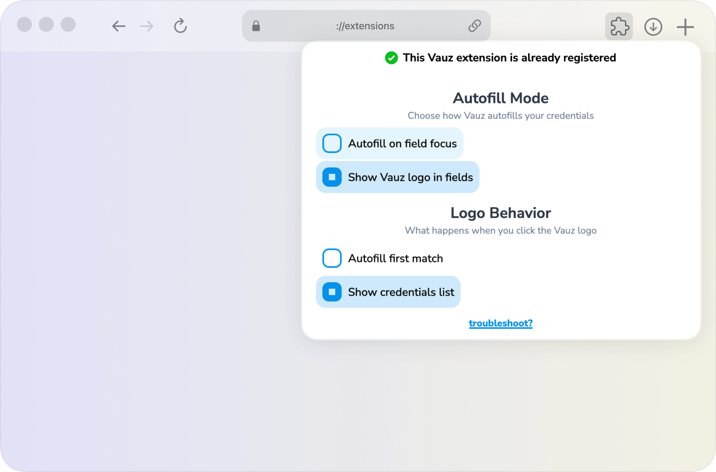 Vauz Autofill settings popup