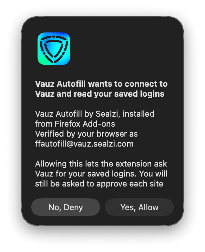 Vauz extension popup showing that autofill wants to connect to main app