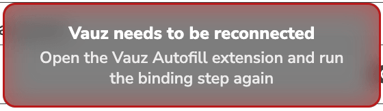 Vauz extension credentials dropdown showing "Vauz needs to be reconnected"