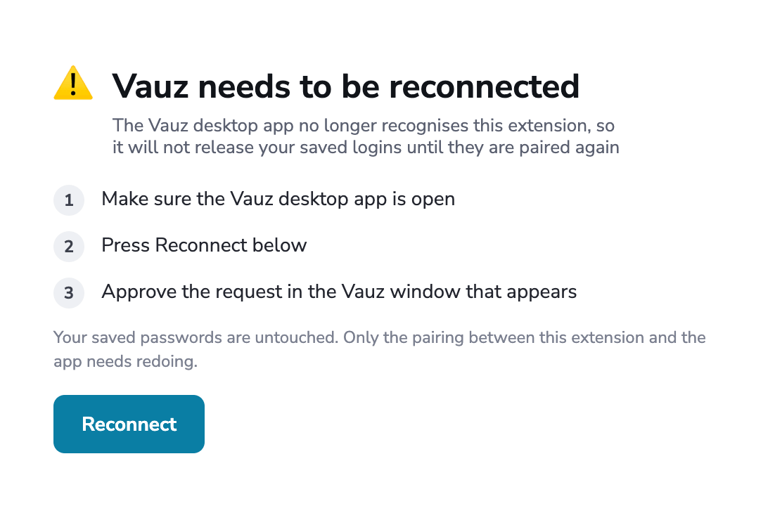 Vauz extension reconnect screen
