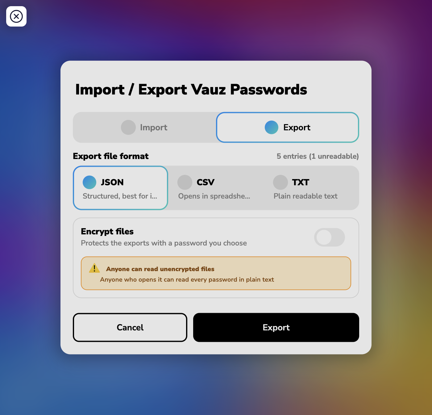 Entry count in the Import / Export panel showing one unreadable entry