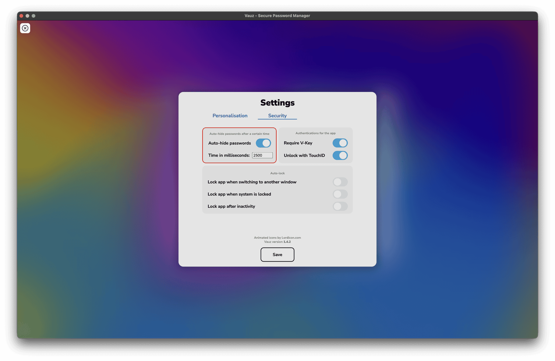 The Security tab in Vauz settings, showing the auto-hide password time field