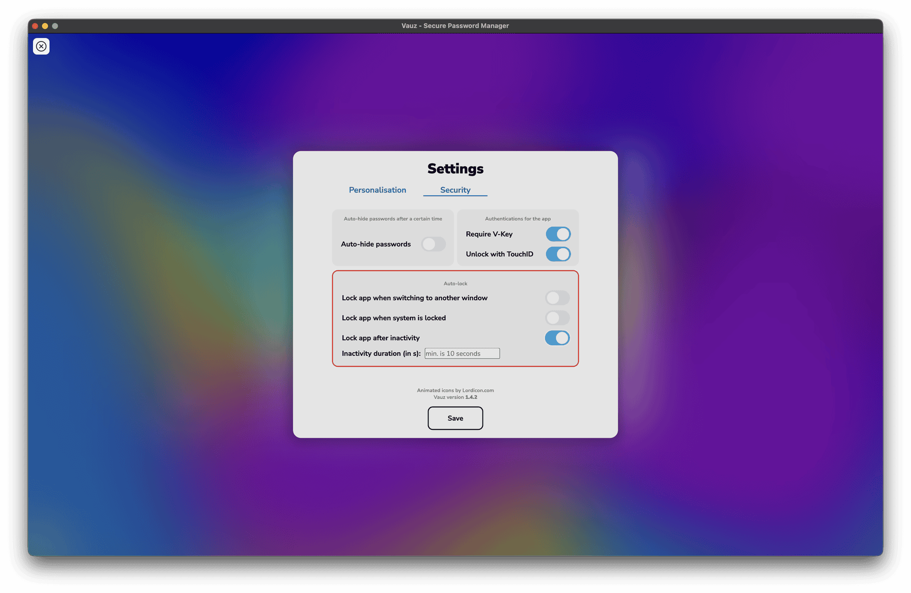 The Security tab in Vauz settings, showing the auto-lock Vauz time field