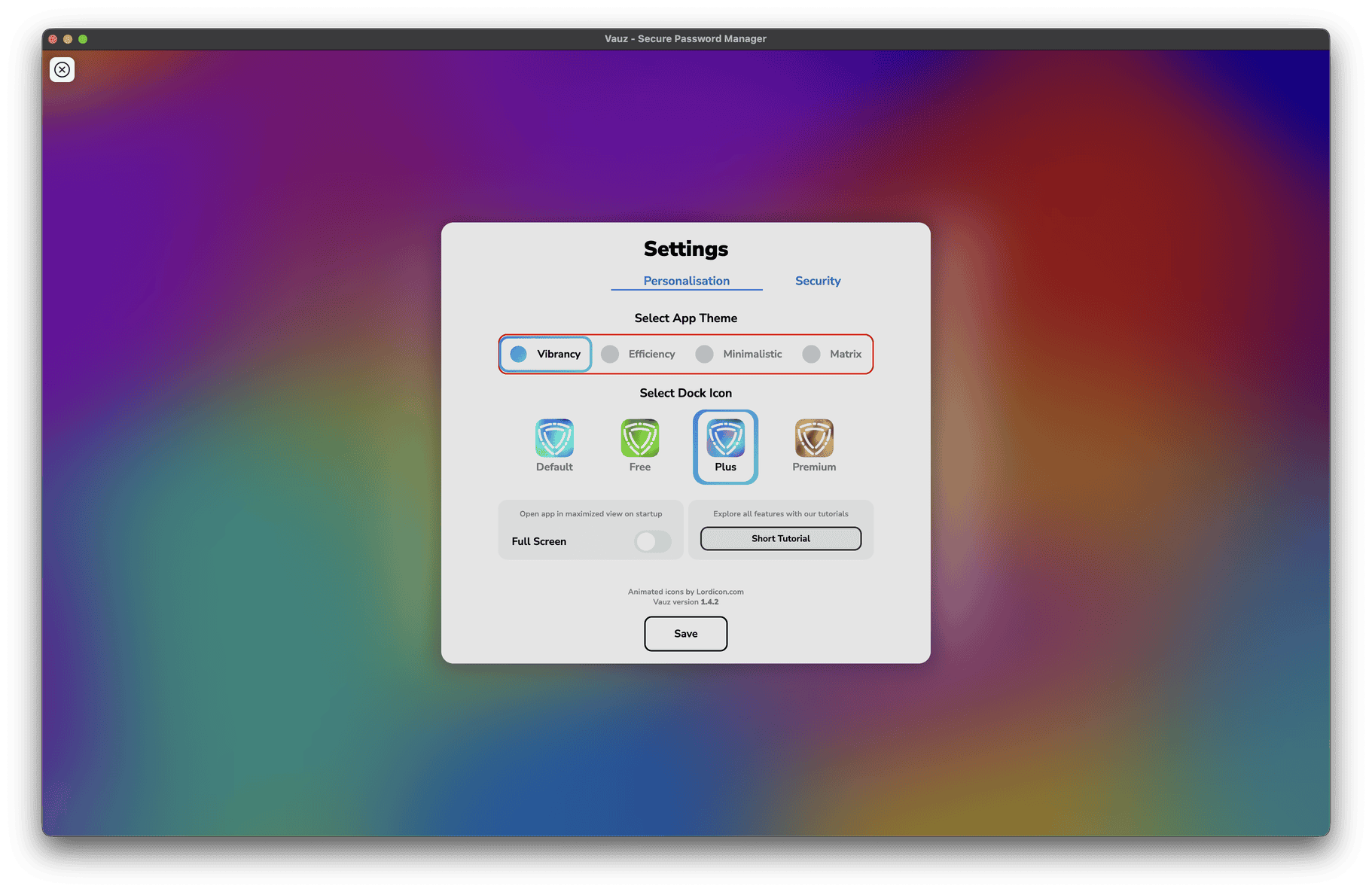 The Personalisation tab in Vauz settings, showing themes selector